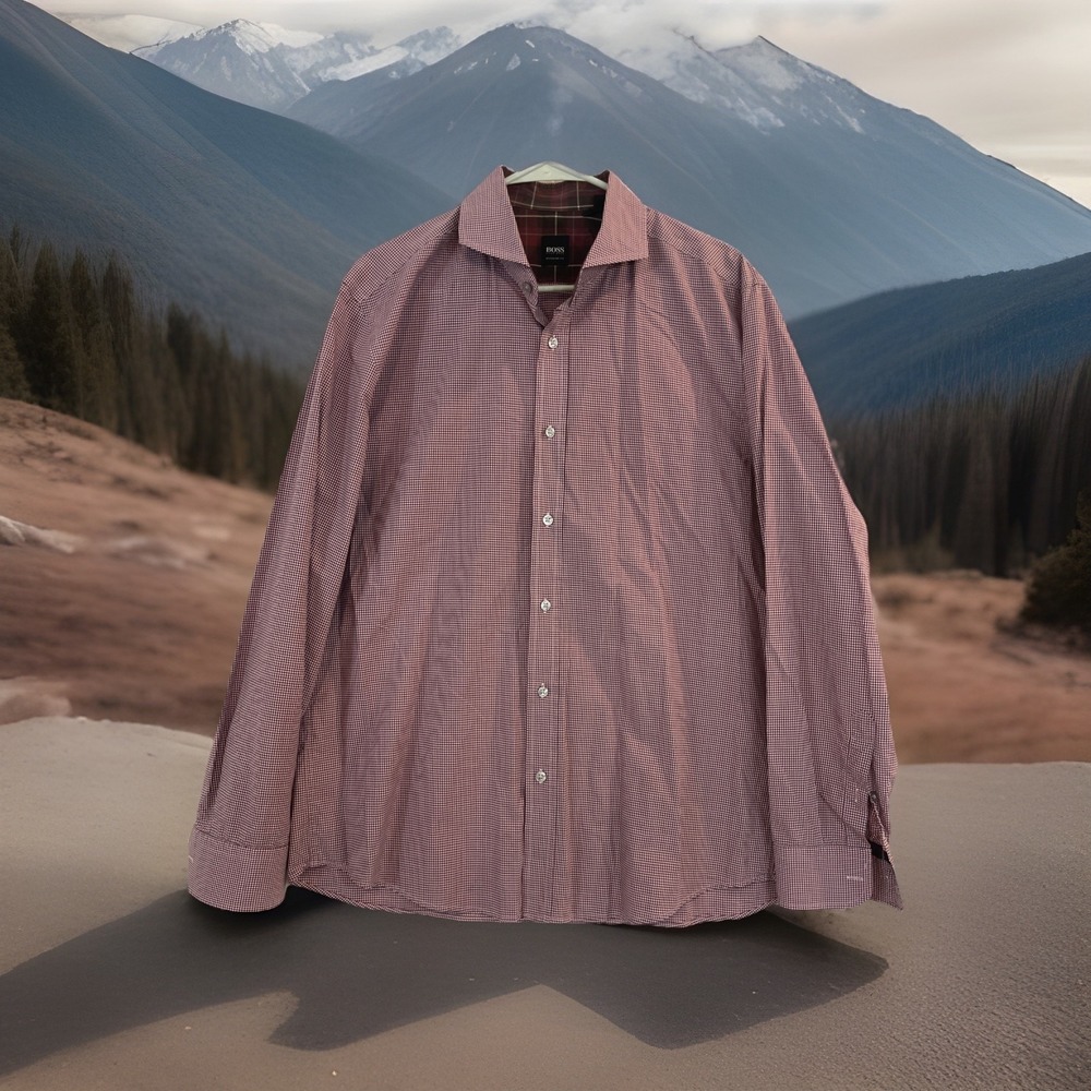 Hugo Boss Men Large Red White Gingham Slim Fit Long Sleeve‎ Button-Up Shirt